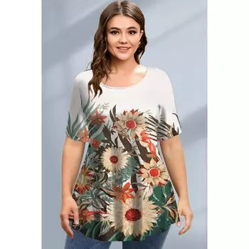 Женская футболка свободного покроя большого размера, новая летняя футболка с круглым вырезом и короткими рукавами, топ с цветочным 3d принтом, женская одежда больших размеров S