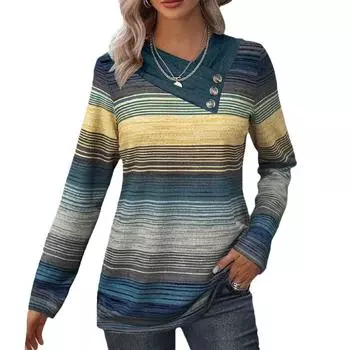 Женская футболка свободного покроя с длинным рукавом, V-образным вырезом, плиссированная, с пуговицами, в полоску L зелёный