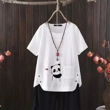 Женская футболка свободного покроя с графическим принтом, летняя льняная рубашка, круглый вырез, короткий рукав, S-4XL S белый