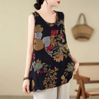 Женская футболка свободного покроя с круглым вырезом и принтом, без рукавов, свободная утягивающая базовая рубашка L