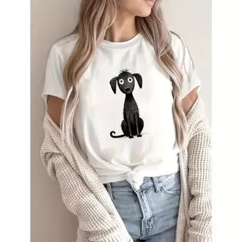 Женская футболка свободного покроя с круглым вырезом, белая, с короткими рукавами и принтом в виде милой собаки, женская футболка с короткими рукавами S