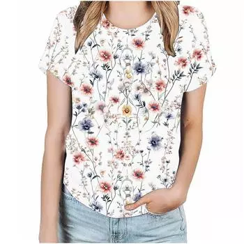 Женская футболка свободного покроя с круглым вырезом и короткими рукавами с принтом «растения и цветы» S
