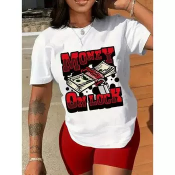 Женская футболка свободного покроя с круглым вырезом и короткими рукавами с принтом «Долларовая буква» большого размера, летняя S белый