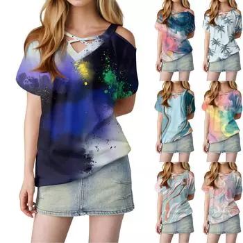 Женская футболка свободного покроя с открытыми плечами, V-образным вырезом и короткими рукавами, с градиентным принтом XXL розовый