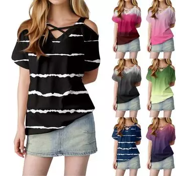 Женская футболка свободного покроя с открытыми плечами, V-образным вырезом и короткими рукавами, с градиентным принтом M