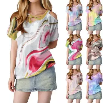 Женская футболка свободного покроя с открытыми плечами, V-образным вырезом и короткими рукавами, с градиентным принтом S белый