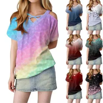 Женская футболка свободного покроя с открытыми плечами, V-образным вырезом и короткими рукавами, с градиентным принтом XL винный