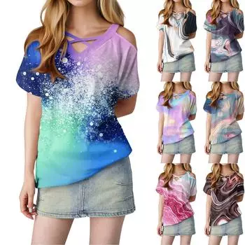 Женская футболка свободного покроя с открытыми плечами, V-образным вырезом и короткими рукавами, с градиентным принтом L синий