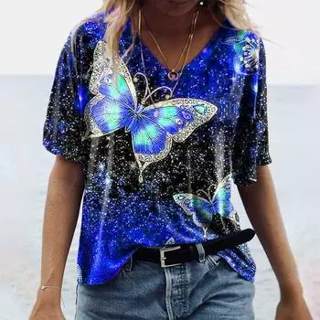 Женская футболка свободного покроя с принтом 3D-бабочки, летняя повседневная футболка с коротким рукавом и V-образным вырезом, свободная футболка-пуловер, женские топы, большой размер S