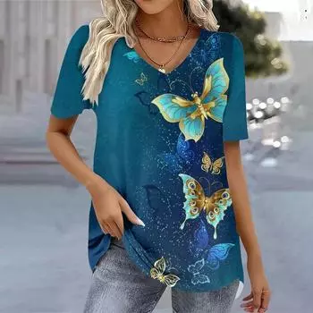 Женская футболка свободного покроя с V-образным вырезом, футболки с принтом в 3D-полоску, летняя модная блузка, женская одежда 2025 года, трендовые женские футболки S