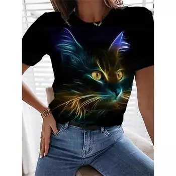 Женская футболка Tee Cat Daily Weekend Print Black Short Sleeve Fashion Graphic Design Round Neck t Shirts for women Summer S