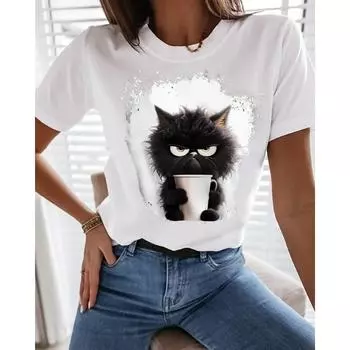 Футболка женская хлопковая с принтом Cat Daily Weekend, черная, с коротким рукавом, модная, с забавным круглым вырезом, стандартный крой, лето S красный