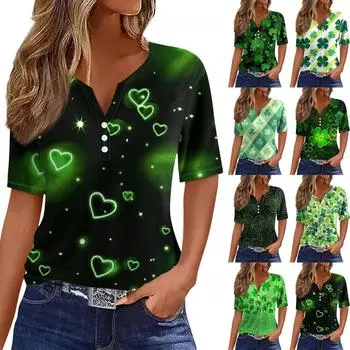 Женская футболка Tee St. День Святого Патрика Принт Пуговица Короткий рукав Повседневный Выходной Модный Базовый V-образный вырез Обычный Топ L армия зеленый