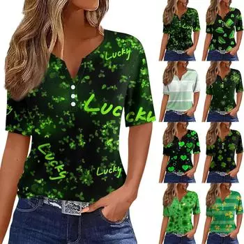 Женская футболка Tee St. День Святого Патрика Принт Пуговица Короткий рукав Повседневный Выходной Модный Базовый V-образный вырез Обычный Топ L армия зеленый