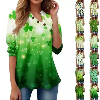 Женская футболка Tee St. С длинным рукавом и принтом на день Святого Патрика, модные пуловеры с V-образным вырезом для повседневного выходного дня L