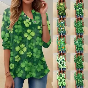 Женская футболка Tee St. С длинным рукавом и принтом на день Святого Патрика, модные пуловеры с V-образным вырезом для повседневного выходного дня L