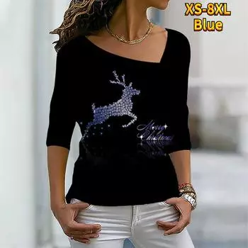 Женская футболка, толстовка с рождественским рисунком оленей, блестящая картина, повседневная, рукав 3/4, V-образный вырез, XS-8XL S