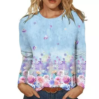 Женская футболка, толстовка, уличная, с цветочным принтом, повседневная, выходного дня, футболка с длинным рукавом, с круглым вырезом, базовая XS-8XL S
