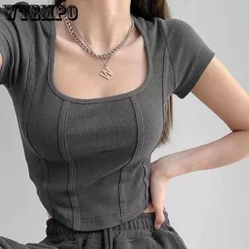 Женская футболка, топ Femel, сексуальные короткие топы Mujer, футболка с коротким рукавом, летний укороченный топ, винтажные топы S белый