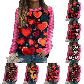 Женская футболка, топы, свободные, модные и повседневные, с принтом ко Дню святого Валентина, с круглым вырезом и длинными рукавами, толстовка L
