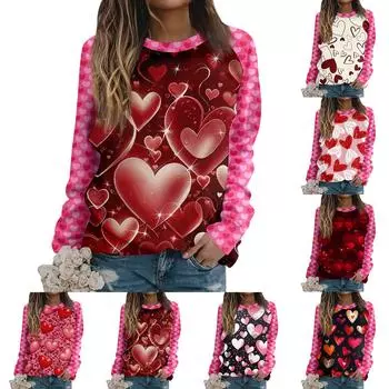 Женская футболка, топы, свободные, модные и повседневные, с принтом ко Дню святого Валентина, с круглым вырезом и длинными рукавами, толстовка L чёрный