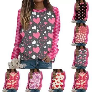 Женская футболка, топы, свободные, модные и повседневные, с принтом ко Дню святого Валентина, с круглым вырезом и длинными рукавами, толстовка L