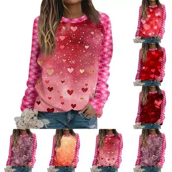 Женская футболка, топы, свободные, модные и повседневные, с принтом ко Дню святого Валентина, с круглым вырезом и длинными рукавами, толстовка L
