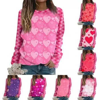 Женская футболка, топы, свободные, модные и повседневные, с принтом ко Дню святого Валентина, с круглым вырезом и длинными рукавами, толстовка L горячий розовый