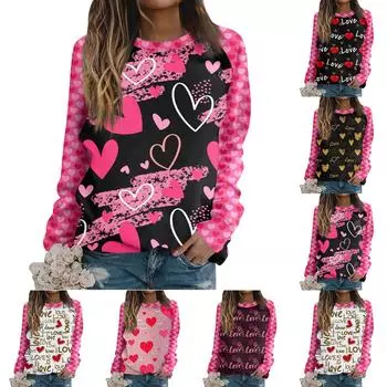 Женская футболка, топы, свободные, модные и повседневные, с принтом ко Дню святого Валентина, с круглым вырезом и длинными рукавами, толстовка L золотой