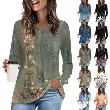 Женская футболка-туника, топы, повседневная блузка с длинным рукавом, свободная футболка, базовый топ с круглым вырезом L армия зеленый