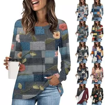 Женская футболка-туника, топы, повседневная блузка с длинным рукавом, свободная футболка, базовый топ с круглым вырезом L синий