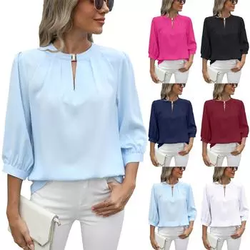 Женская футболка Весна и лето Новая рубашка с V-образным вырезом Футболка с рукавом семь минут Свободная шифоновая рубашка Блузка Женские топы S белый