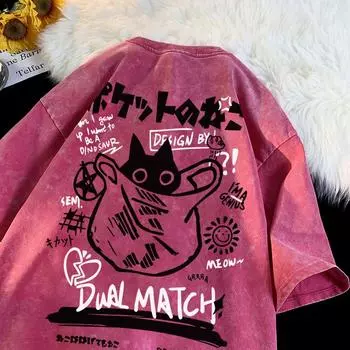 Женская футболка Винтаж Лето Harajuku Kawaii Cat Print Короткие рукава Футболки Парная уличная одежда Свободная одежда Хлопковые топы S