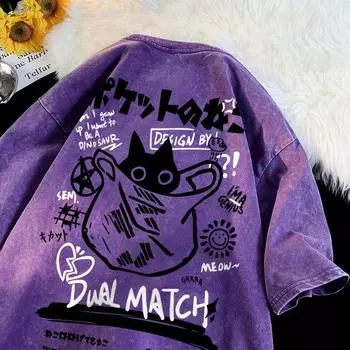 Женская футболка Винтаж Лето Harajuku Kawaii Cat Print Короткие рукава Футболки Парная уличная одежда Свободная одежда Хлопковые топы XS