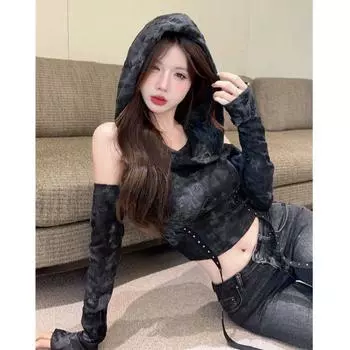 Женская футболка в европейском и американском стиле Wasteland с принтом тай-дай, открытыми плечами, рваными рукавами и капюшоном M черный серый