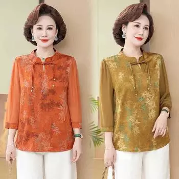 Женская футболка в китайском стиле с рукавом семь минут, весна-лето, для людей среднего и пожилого возраста, простые пуловеры на пуговицах 5XL