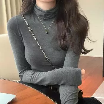Женская футболка в корейском стиле с высоким воротником и длинным рукавом, новинка на осень и зиму, с воротником-стойкой на правом плече, с внутренним слоем S