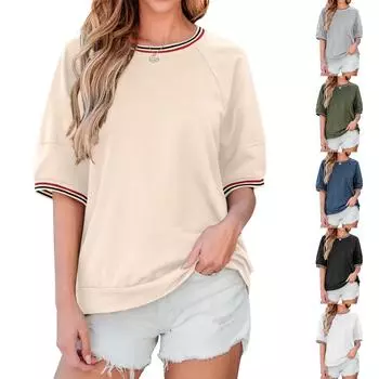 Женская футболка в полоску, цветные блоки, свободный круглый вырез, женские топы, модные женские, большие размеры L бежевый