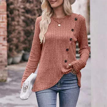 Женская футболка в полоску, однотонная, с пуговицами, с круглым вырезом S серый