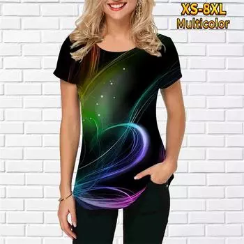 Женская футболка в полоску с 3D принтом, модный тренд, тонкий светильник с круглым вырезом, белая женская одежда с короткими рукавами, летний пуловер для отдыха XXXL