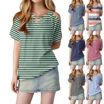 Женская футболка в полоску с короткими рукавами, V-образным вырезом и открытыми плечами L