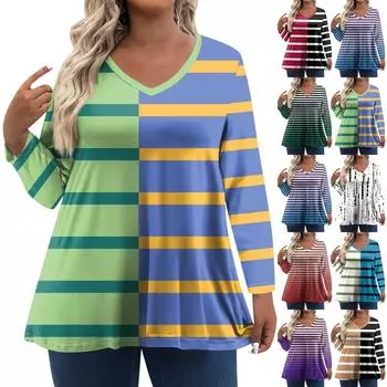 Женская футболка в полоску с принтом в виде сращивания и V-образным вырезом, свободные топы с длинным рукавом, большого размера XXXXXL синий