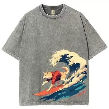 Женская футболка в японском стиле с рисунком щенка и волны, свободная, большого размера, стираная джинсовая ткань, короткий рукав, модный дизайн S