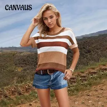 Женская футболка в радужную полоску с коротким рукавом, вязаный свободный топ больших размеров S синий