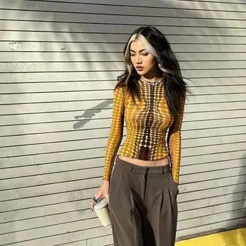 Женская футболка в рубчик с принтом Tie Dye, укороченный топ, бандажная одежда с длинным рукавом, сексуальная уличная одежда, летняя одежда на шнурке L жёлтый