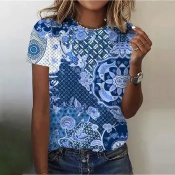 Женская футболка в стиле бохо с 3D этническим цветочным принтом, футболка с круглым вырезом и короткими рукавами, женская летняя футболка большого размера, женская одежда S