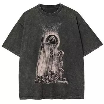 Женская футболка в стиле фильма ужасов, из вареного денима, с принтом черепа, оверсайз, свободная, с полурукавом, уличный топ S