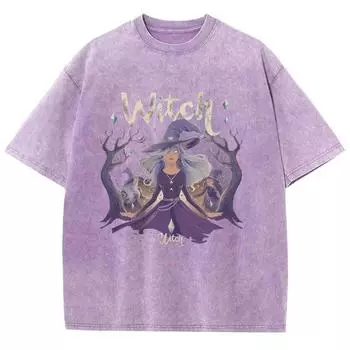 Женская футболка в стиле Харадзюку с принтом ведьмы, состаренная, оверсайз, выстиранная, с коротким рукавом, из удобной ткани, унисекс S