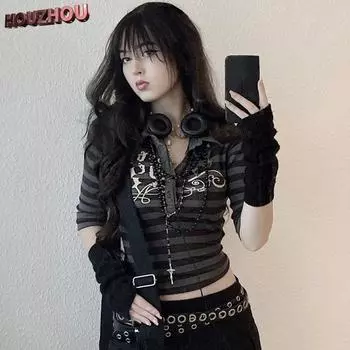 Женская футболка в стиле Харадзюку в стиле гот-панк, топы с лацканами, повседневная японская уличная одежда, дизайнер хип-хопа, сексуальная полосатая обтягивающая футболка для девочек, клубный стиль S серый