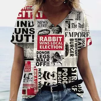 Женская футболка в стиле хип-хоп с 3D газетным принтом для женщин, модный топ с короткими рукавами для отдыха, уличная женская одежда, новинка 4XL